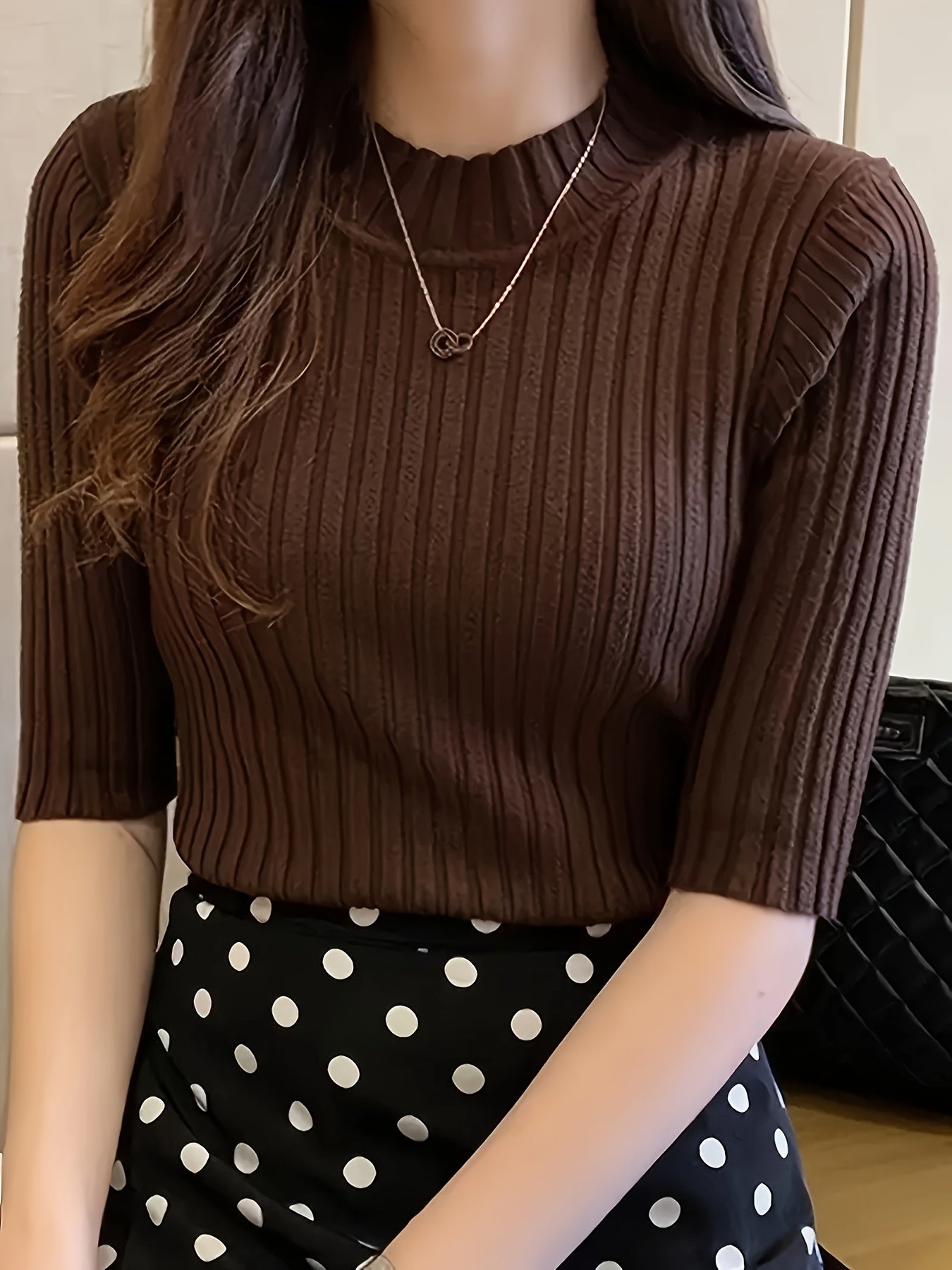Women's Elegant Solid Color Ribbed Pullover Top - Short Sleeve Regular Fit Machine-Washable All-Season Versatile Blouse for Casual & Formal Wear