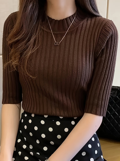 Women's Elegant Solid Color Ribbed Pullover Top - Short Sleeve Regular Fit Machine-Washable All-Season Versatile Blouse for Casual & Formal Wear