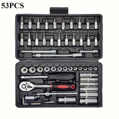 53pcs -in- Heavy-Duty Multi-Tool Kit Suitable for Car & Motorcycle Repair - Chrome-Vanadium Manual Tool Set with 53 Tools (Wrenches, Sockets,) in Black Case for Mechanics, DIY, Auto Maintenance