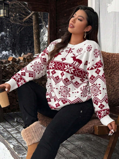 Women'S Thick Double-Layer Winter Sweater - Red & Snowflake & Geometric Pattern Pullover, Round Neck Long Sleeve Sweater with Piping Trim, Cozy Fall/Winter Casual Chic Outfits, Ladies Sweaters