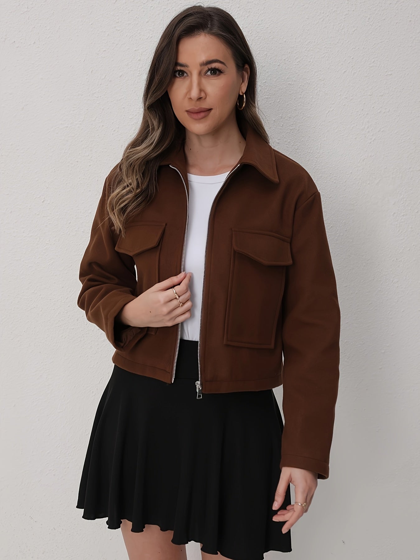 Women'S Solid Color Long Sleeve Zip-Up Jacket - Black, Casual Fall/Winter Outerwear with Pockets, Button-Up Front, and Flap Pockets, Casual Outerwear | Buttonup Jacket | Zippered Jacket, Winter Coat Women, Coat Women Winter,