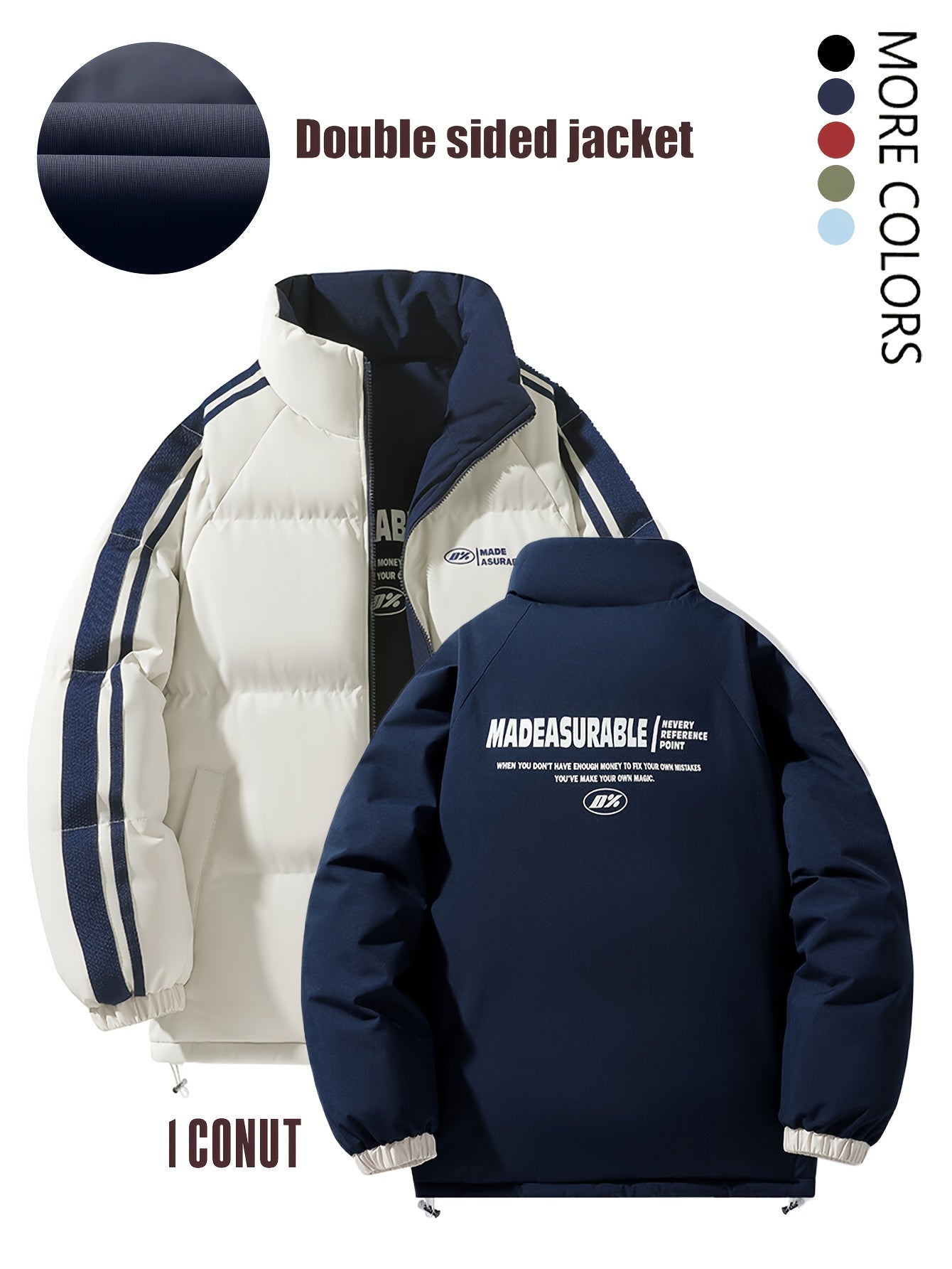 Men'S Double-Sided Winter Jacket - Thickened Stand Collar, Zip-Up Casual Long Sleeve Coat with "MADEASURABLE" & "I CONUT" Branding, Black & White, Regular Fit for Autumn & Winter, Autumn Outerwear, Bold Lettering, Durable Fab