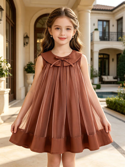 Girls' Summer Sleeveless Lapel Dress with Mesh Detail