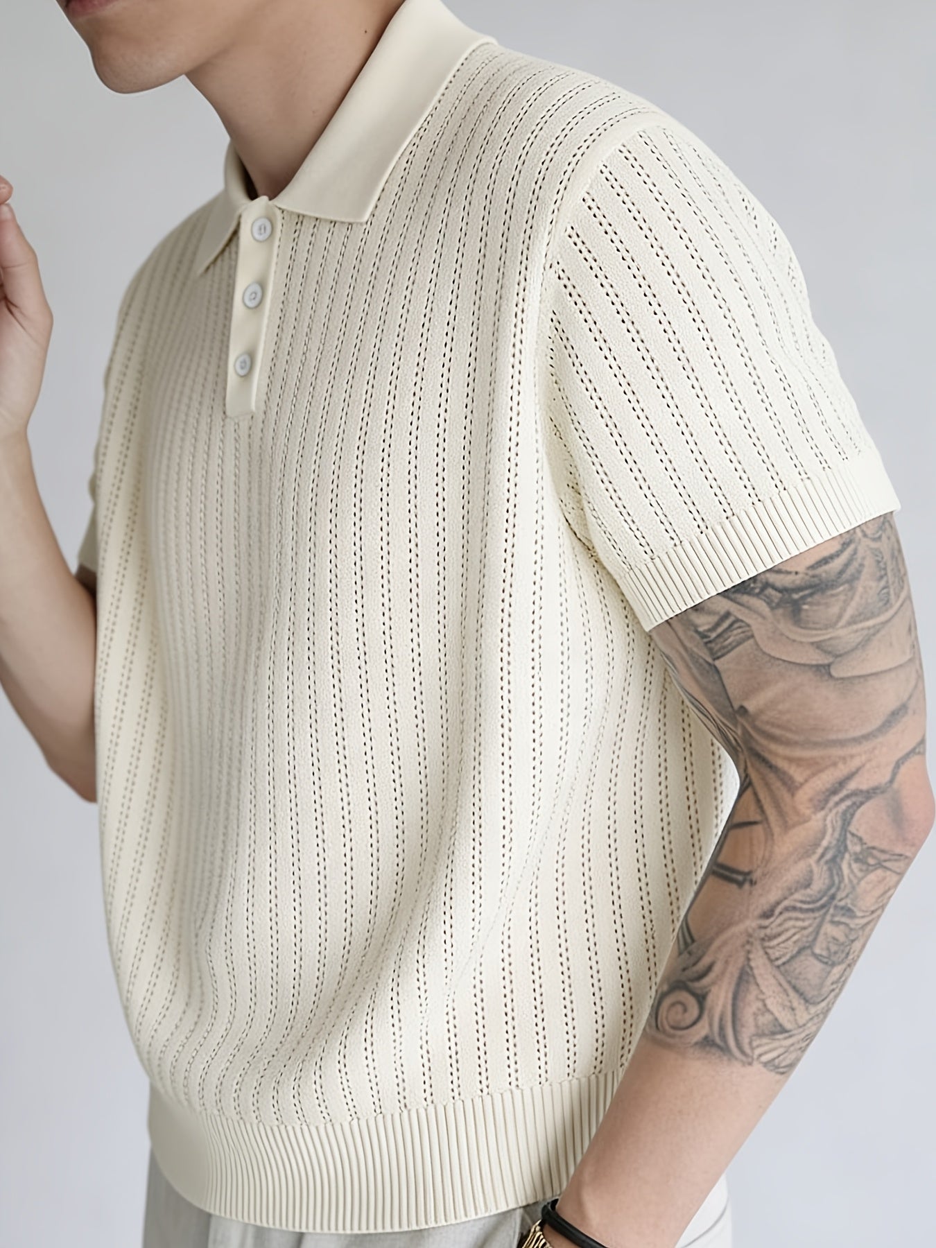 Men'S Summer Knitted Polo Shirt | Breathable Striped Design, Casual Lapel Collar, Short Sleeves, Three-Button Closure, Slim Fit, Ideal For Business Casual And Travel - ayq