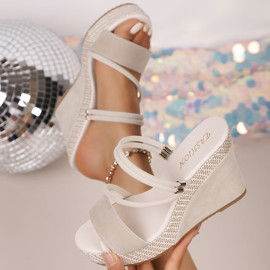 Women'S Black Wedge Sandals with Metallic Accents  Cut-Out Design - Open-Toe Platform Heel, Faux Cover Summer Shoes for Casual  Party Wear, High Heel Sandals, Evening Wear, Stylish Wedge, Durable Footwear
