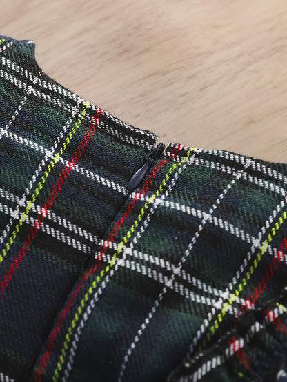 Girls' Plaid Tartan Puffed Sleeve High-Low Neck Ruffled Hem Dress with Ruffled Collar & Lace Trim - Plaid Princess Party Dress with Skirt, Machine Washable Winter Formal & Everyday Outfit for Christmas, New Year's, Easter - S