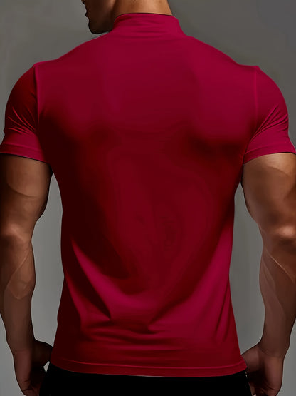 Men's Slim Fit Breathable Moisture-Wicking Short Sleeve T-Shirt - Lightweight All-Season Small Stand-Up Collar Tee with Boston Letter Print for Gym, Outdoor  Casual Wear, Active Lifestyle, Modern Design, Durable Construction