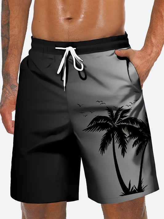 Plus Size Coconut Tree Print Casual Drawstring Beach Shorts