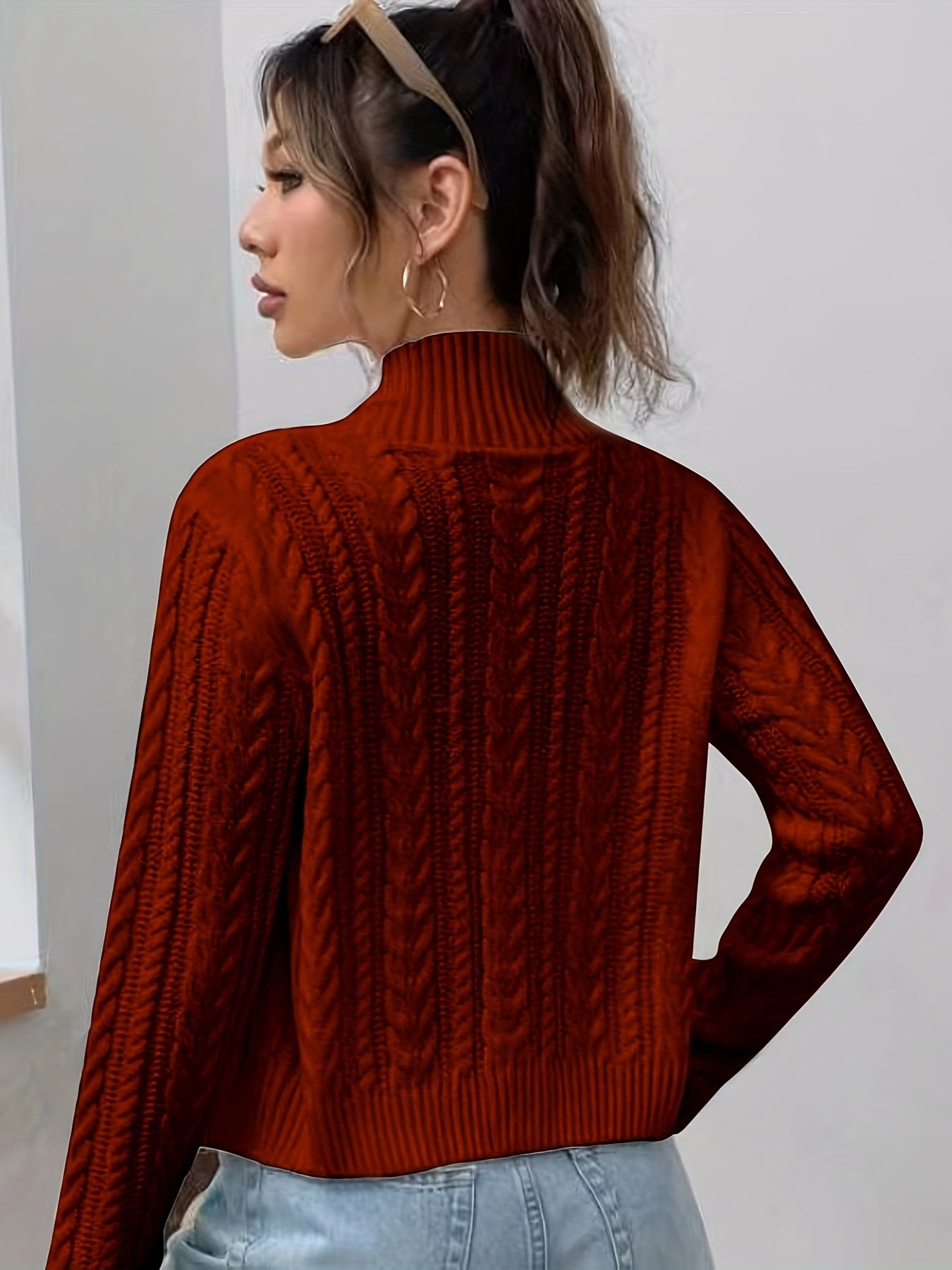 Women's Elegant Zip-Up Cable Cardigan with Stand Collar - Machine Washable Spring/Fall Jacket, White Solid Color, Braided Design & Zipper Front for Casual or Dressy Outfits, Cardigan Sweater, Autumn Layering Piece, Spring Out