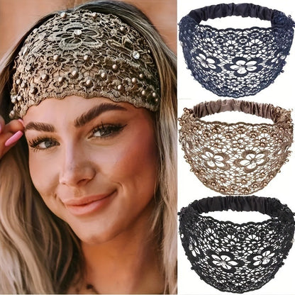Boho Wide Lace Headband with Breathable Beaded Design