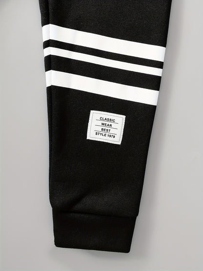 Boys' Autumn/Winter New Jacket with Striped Print, Letter Patch, Zipper Hooded Thickened Warm Coat and Casual Comfortable Everyday Versatile Sweatpants 2pcs Set, Perfect for Outdoor