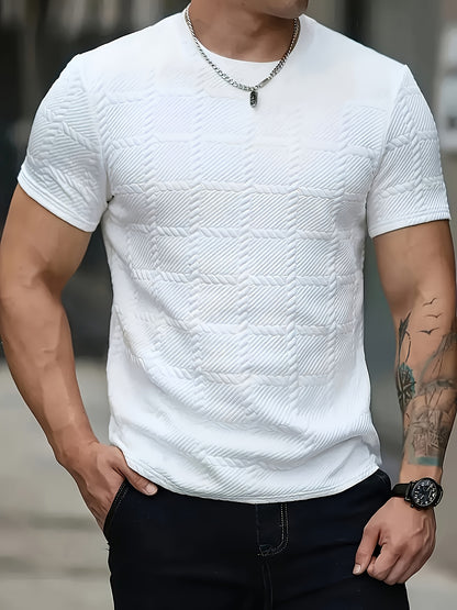 Men'S Casual Jacquard Knit Short-Sleeve T-Shirt - Featuring a Stylish Geometric Pattern, Round Neck, Comfortable for All Seasons, Perfect for Casual Wear.