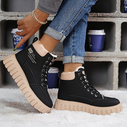 Women'S Winter Warm High-Top Ankle Boots - Thick Platform Sole, Round Toe, Lace-Up Closure, Synthetic Cover Upper, Rubber Sole, Mid-Heel, Casual Style, All-Season