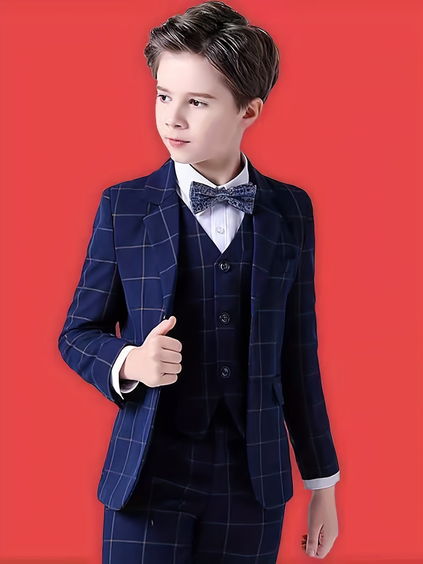 Boys' 4-Piece Plaid Suit Set with Vest and Bow Tie
