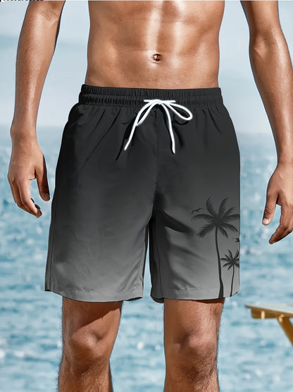 Men's Quick-Dry Tropical Palm Print Board Shorts - Lightweight Swimwea
