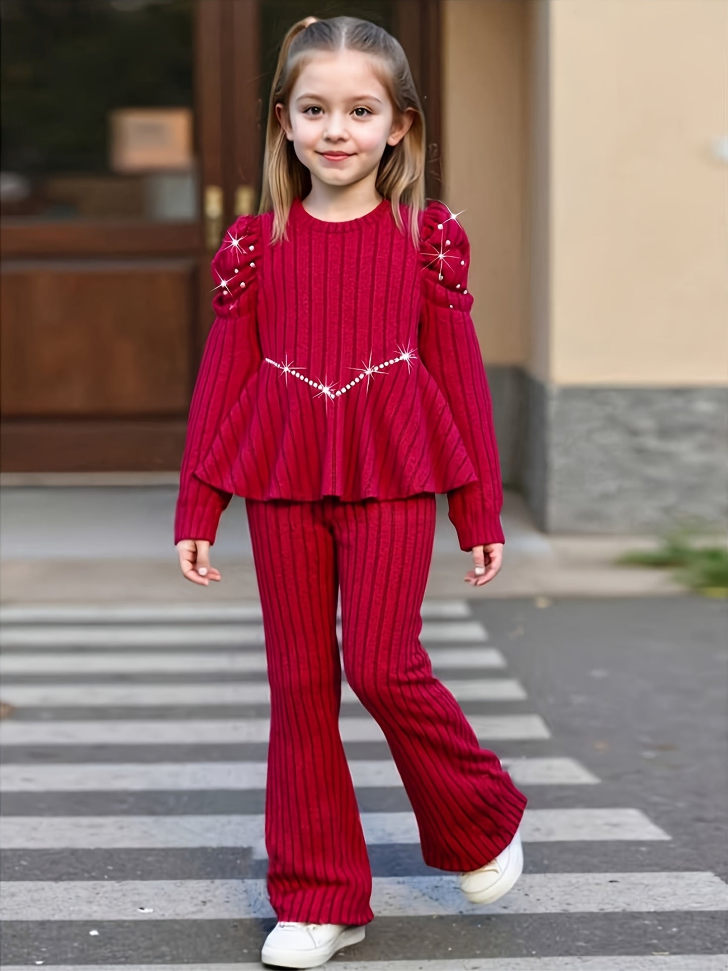 Young Girl Fashion Casual Solid Color Striped Beaded Pleated Shoulder Long Sleeve Round Neck V-Neck Mid-Rise Pullover with Matching Elastic Waist Flared Pants for, for Outdoor