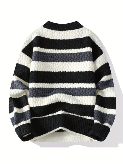 Men'S Thick Warm Sweater - Long Sleeve Round Neck Pullover with Vertical Stripes in Green/ - Cozy Fall/Winter Sweater for Everyday & Formal Outfits, Knit, Winter Clothing, Classic Knitwear, Ribbed Texture, Casual Wear, Stylis