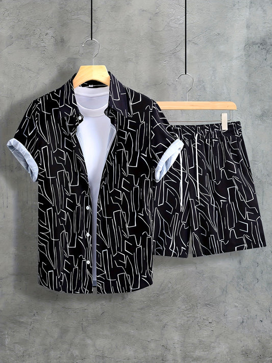Men'S Summer Casual Short Sleeve Shirt and Shorts Set, Geometric Pattern, Square Neck, Regular Fit, 100% Polyester, Woven Fabric, 120g/m² - Black