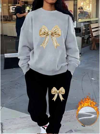 Women'S Sparkling Bow Print Sweatshirt and Pants Set - Casual Long Sleeve Pullover with Glittery Bow Design, Black and Gray, Perfect for Casual Attire, Casual Wear|Sparkling Bow Design|Stretchy Fabric