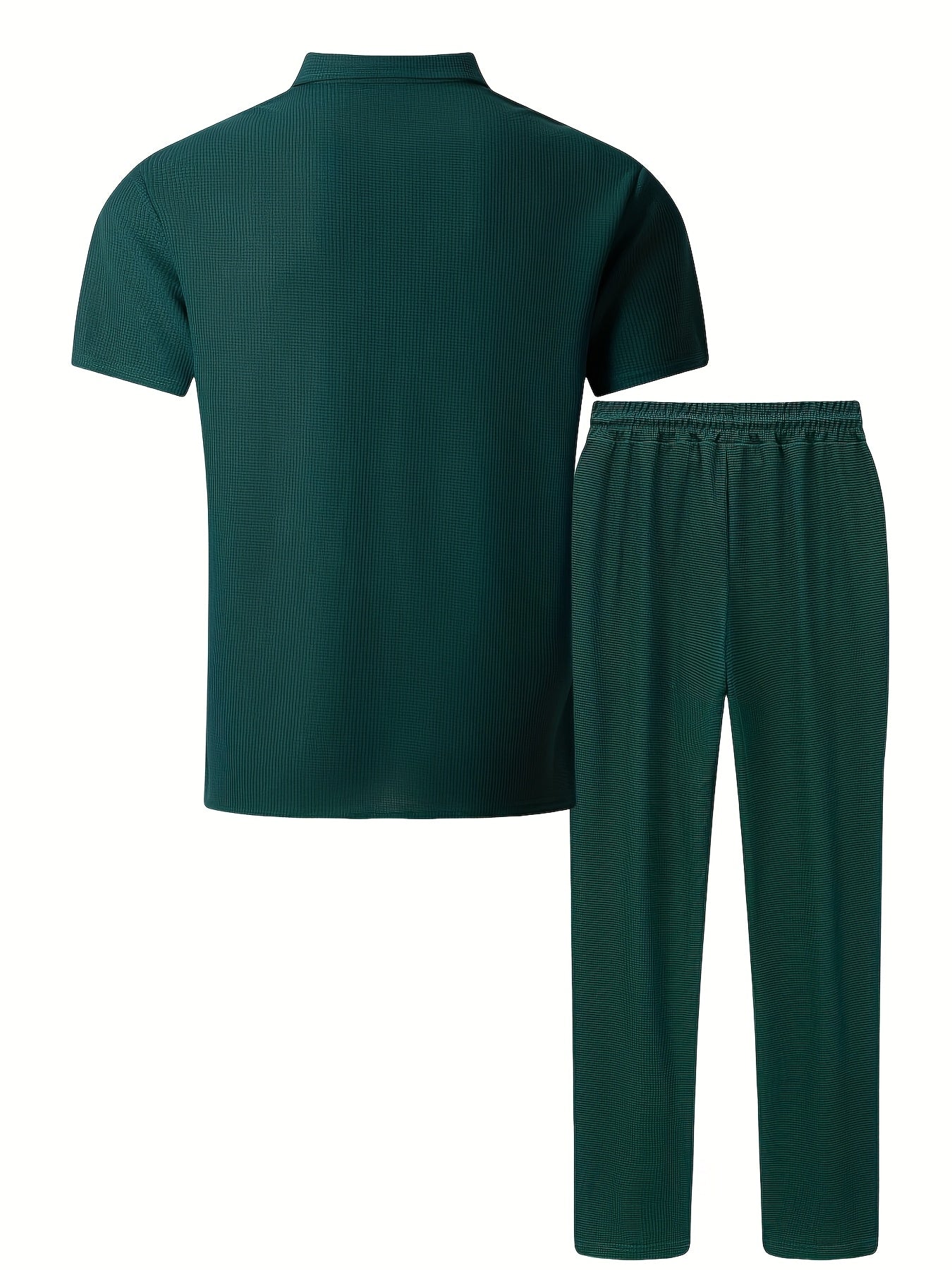 Men's Summer Two-Piece Set, Waffle Fabric Contrast Color with Pockets Short-Sleeved Shirt + Casual Trousers Suit, Leisure Light Business Vacation Daily Multiple Scenes