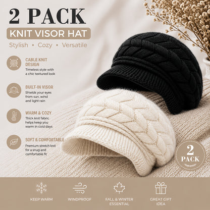 Women's Vintage Cable Knit Newsboy Hats with Sun Visor, Warm & Windpro