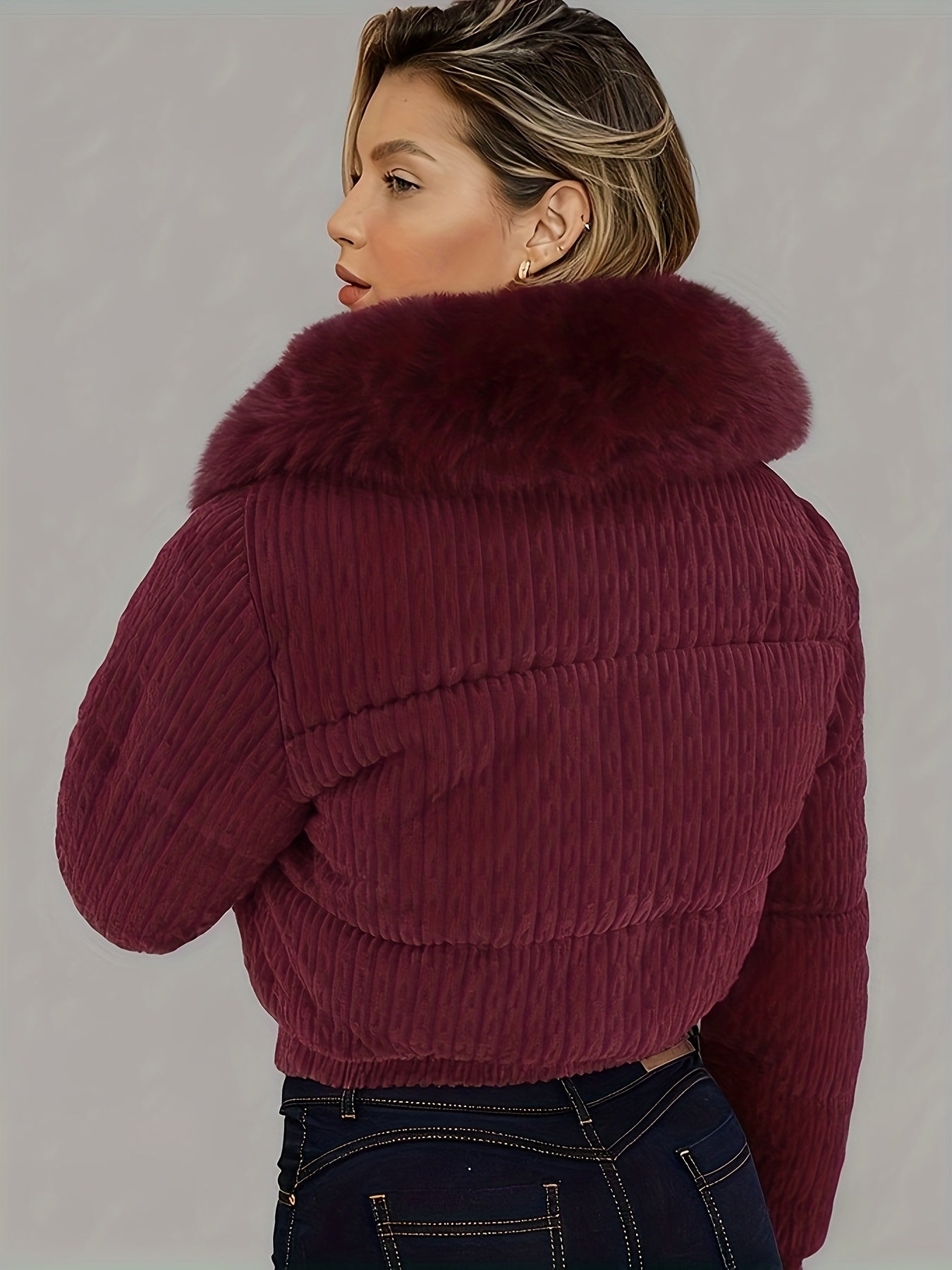 Women'S Winter Jacket - Full-Zip Coat with Detachable Fur Collar, Burgundy/Red - Cold Weather Outerwear for Everyday & Formal Events
