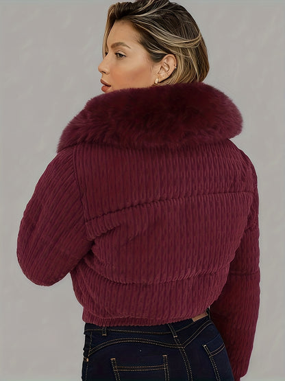 Women'S Winter Jacket - Full-Zip Coat with Detachable Fur Collar, Burgundy/Red - Cold Weather Outerwear for Everyday & Formal Events