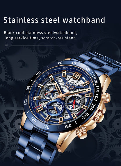 LIGE Watch, Fashion Teen Men's Watches, Multifunctional Stainless Steel Quartz Watches, Waterproof Watches, for Sports, College Various Scenes, Holiday Gifts, Party Gifts, Birthday Gifts, Black Blue Watches