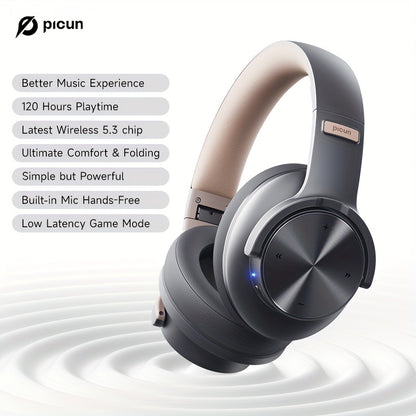 Picun Wireless Headphones, 120 Hours Headphones Wireless, Hands-Free Calls, 3EQ &Game Mode, Foldable Headphones Over Ear for Travel Home Office Cellphone PC