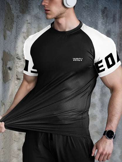 Men's Quick-Dry Breathable Mesh Sports T-Shirt - Summer Gym Workout Top with Contrast Black  White Sleeves  for Man Letter Print, Slim Fit for Running Training Casual Wear, Breathable Running Gear   Sporty Casual Tee   Mesh