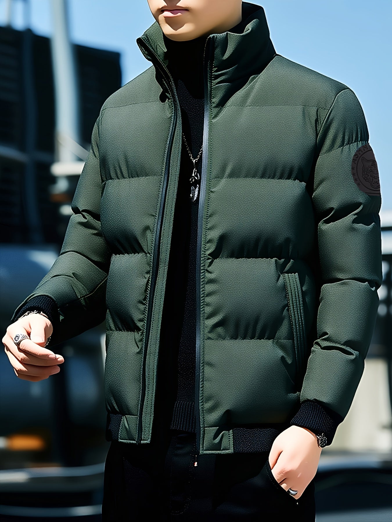 Men'S Stylish Tiger Head Jacket - Black, Red & White, Zip-Up, Stand Collar, Polyester, Casual Outdoor Wear, Casual Winter Wear | Stylish Jacket | Zippered Jacket