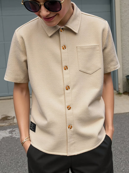 Boys' Casual Monochrome Short-Sleeve Shirt with Chest Pocket