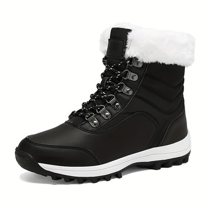 Women's Winter Snow Boots with -Like Collar & Traction Tread - Warm Round Toe Ankle-High Black/White Booties, Rubber Sole for Ice & Snow, Cold Weather Shoes (No Calf Strap) - Chinese New Year Ready Footwear