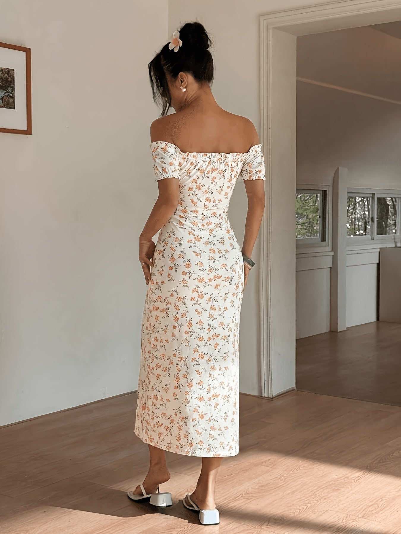 White Off-Shoulder Midi Dress with Pink Floral Print, Sleeveless