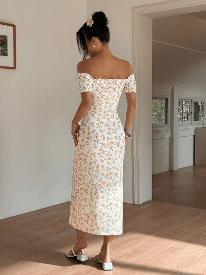 White Off-Shoulder Midi Dress with Pink Floral Print, Sleeveless