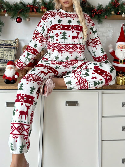 Women'S Christmas Pattern Pajama Set | Comfortable Long-Sleeve Home Wear for Fall/Winter, Crew Neck