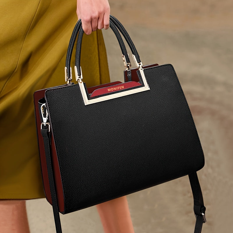 Elegant Black Split Leather Satchel Bag with Removable Strap