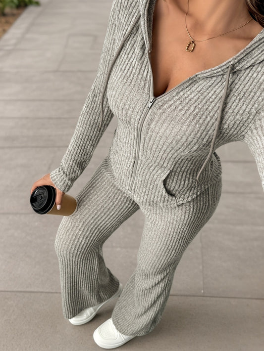2pcs Women's Solid Color Hooded Zip-up Top and Casual Flared Pants Set