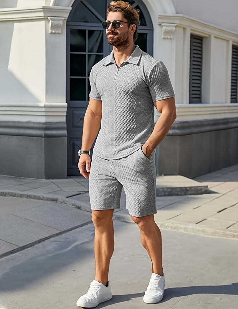 Men'S "Claude" Summer Polo Shirt Set - Short Sleeve, Shorts, and Zipper Detailing, Polyester, Casual Style, Casual Attire|Short Sleeve Shirt|Polyester Fabri