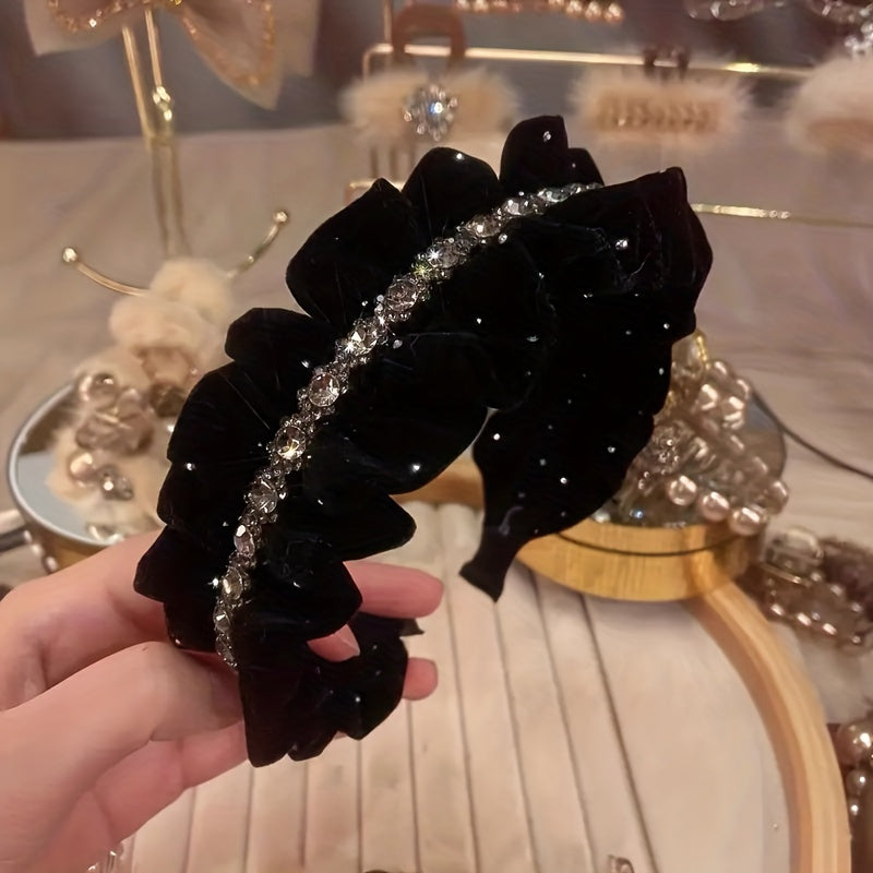 1/2pcs New Style Velvet Ribbon Hairband with Rhinestone Chain & Fold Design for s' Casual Attire