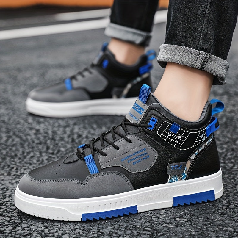 Men's Skate Shoes with Good Grip  Breathable Design - PU Upper, Cushioned PVC Sole, Black/Blue Letter Pattern Lace-Up Sneakers for All-Season Casual  Sports Wear, Allseason Shoes   Modern Casual Shoes   Comfortable Wear