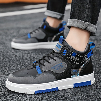 Men's Skate Shoes with Good Grip  Breathable Design - PU Upper, Cushioned PVC Sole, Black/Blue Letter Pattern Lace-Up Sneakers for All-Season Casual  Sports Wear, Allseason Shoes   Modern Casual Shoes   Comfortable Wear