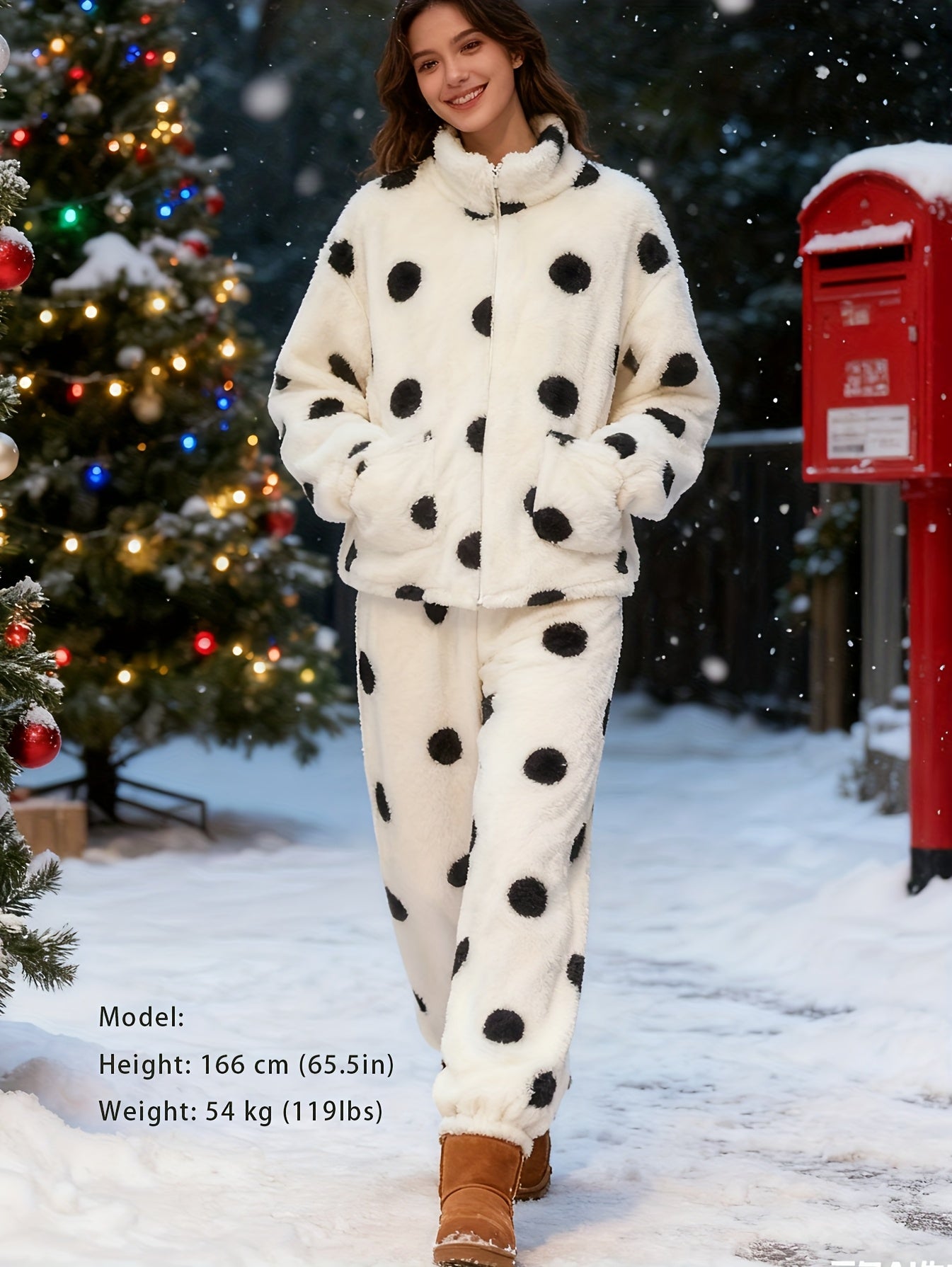 2pcs Women'S Autumn & Winter Loungewear Set | Polka Dot High Neck Zip-Up Jacket + Pants with Pockets, Loose Fit, Long Sleeve Drop Shoulder Style for Casual Home Wear.