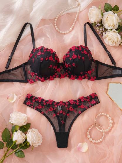 Women's Floral Embroidered Lingerie Set - Elegant Bra & Panties