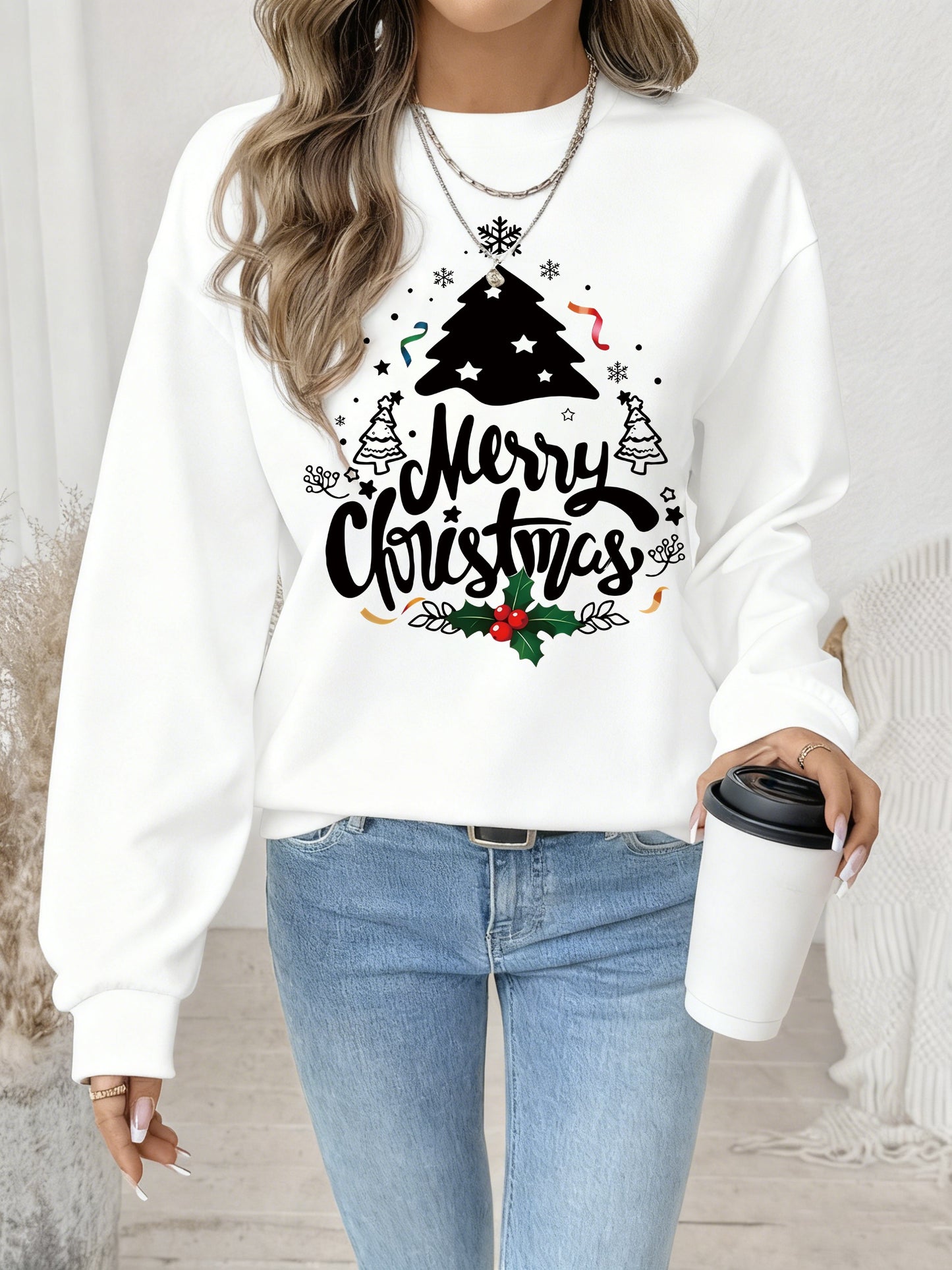 Women's Red Christmas Tree & Lettering Sweater - Cozy Winter Pullover with Round Neck Long Sleeve, Thickened Sweating-Reducing Blouse for Xmas Party Outfits, Family Gatherings (Machine Washable, Autumn/Winter Clothing)