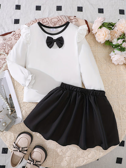 Girls' Cute Long Sleeve Top & Black Skirt Set with Bow Detail