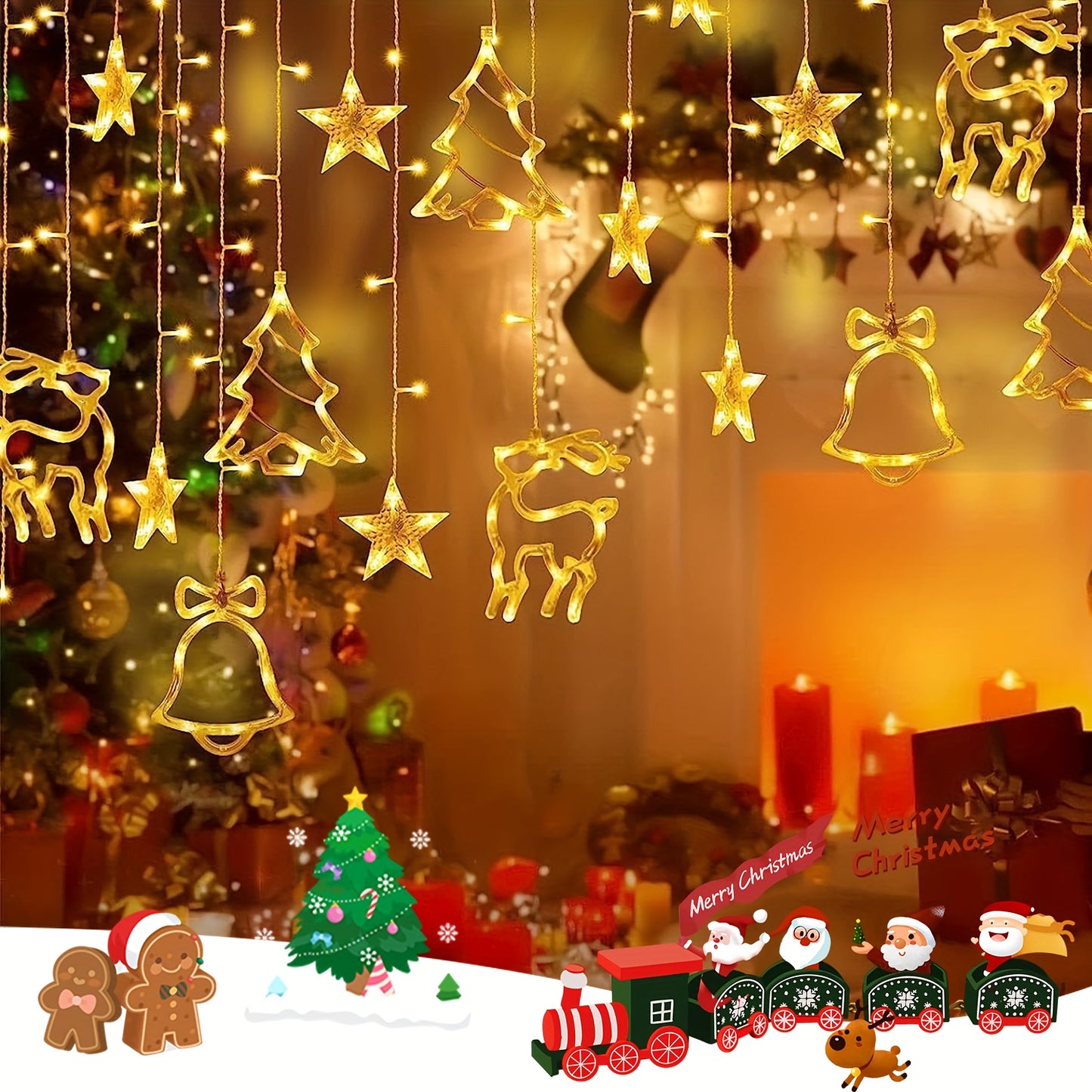 Christmas Decoration Icicle Curtain Lights, Window Wall Hanging String Light, USB Plug in Bell/Reindeer Fairy Lamp, Halloween/Ramadan Decor for Bedroom Living Room Backdrop Wedding Party Indoor Xmas Tree Dorm Fall Home Decor