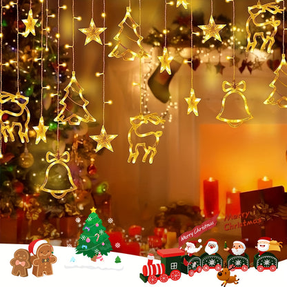 Christmas Decoration Icicle Curtain Lights, Window Wall Hanging String Light, USB Plug in Bell/Reindeer Fairy Lamp, Halloween/Ramadan Decor for Bedroom Living Room Backdrop Wedding Party Indoor Xmas Tree Dorm Fall Home Decor
