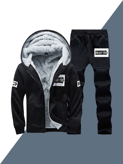 2pcs Men's -Lined Sportswear Set, Thickened Men's Casual Sportswear Set, Men's Sportswear Top and Bottom Set, Hooded Sweatshirt and Casual Sport Pants, -Lined and Thickened, Warm and Cold-Resistant, Suitable for Autumn and Wi