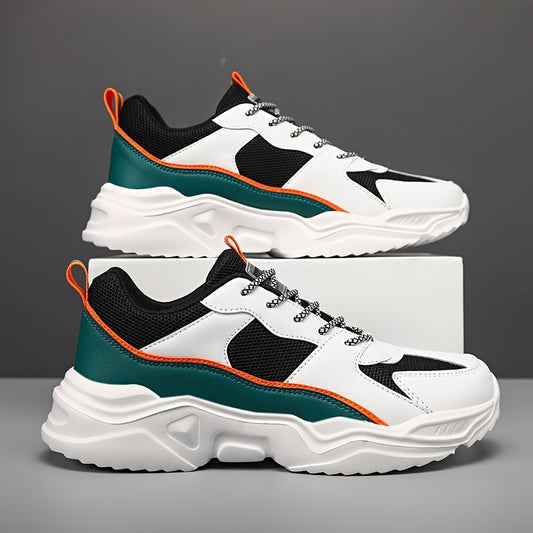 Men'S Athletic Sneakers, Thick Sole Lace-Up Dad Shoes, Multicolor Block Splicing Style Casual Footwear, Suitable for Outdoor Activities